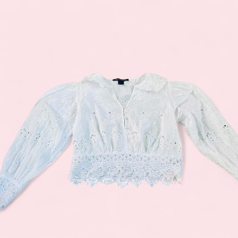 French Connection White Eyelet & Lace Trim Blouse Size M